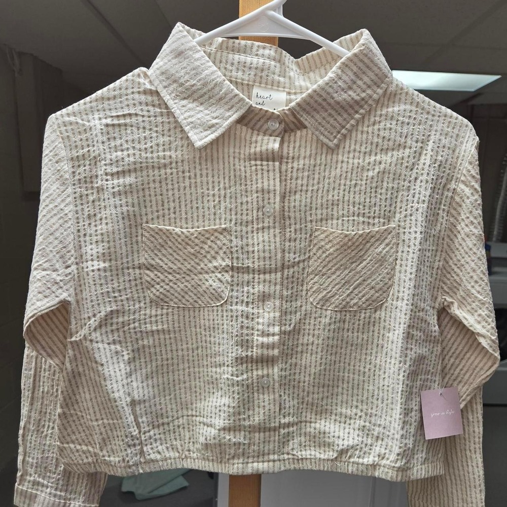 Heart and Hand Magnolia Girls Tan Striped Cropped Button Down Shirt